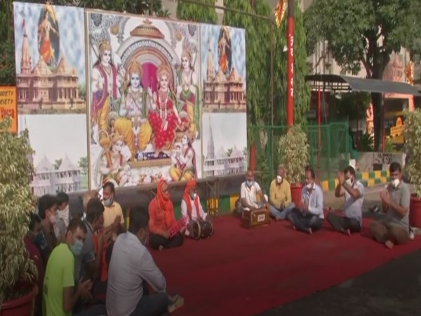 People singing bhajans ahead of Ram Temple's foundation laying ceremony on Wednesday. (Photo/ANI)