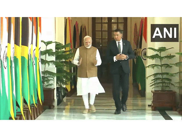 Prime Minister Narendra Modi and Jamaican PM Andrew Holness. (Visuals: DD News/ANI)