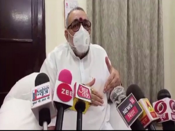 Union Minister Giriraj Singh speaking to reporters in Begusarai on Friday.
