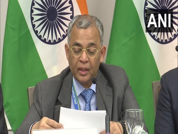 MEA Secretary (West) A Gitesh Sarma speaking to reporters in New York on Monday.