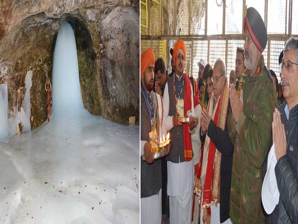 J-K Governor Satya Pal Malik praying at the holy Amarnath cave shrine. Photo/ANI