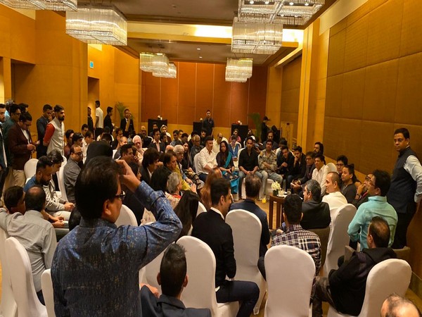 Union Minister Piyush Goyal interacting with B-Town celebrities in Mumbai on Sunday. (Photo/ANI) 