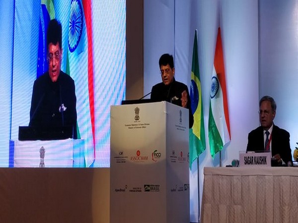 Railway Minister Piyush Goyal addressing the India-Brazil Business Forum in New Delhi on Monday. (Photo/ANI)
