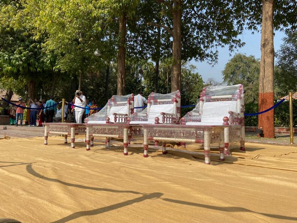 Three chairs set up for US President Donald Trump, First Lady Melania Trump and Prime Minister Narendra Modi at Sabarmati Ashram
