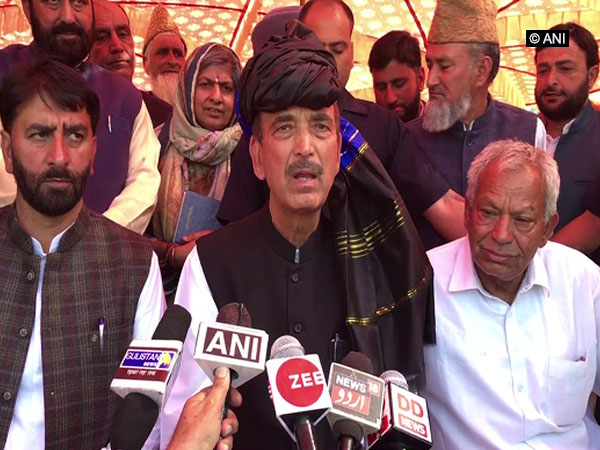 Congress leader Ghulam Nabi Azad talking to media persons at Poonch on Tuesday.
