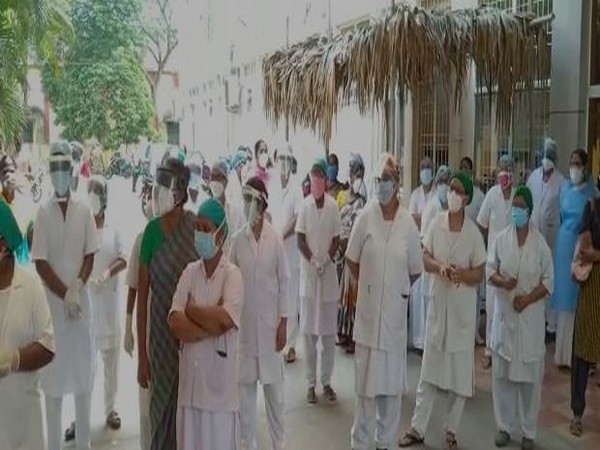 Nurses at District hospital staged a protest in Guntur District, Hyderabad on Saturday. (Photo/ANI)