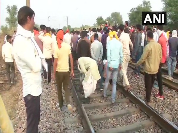Members of Gurjar Community gather at railway track in Bharatpur to demand reservation. Photo/ANI