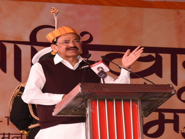 Vice President M Venkaiah Naidu addressing the gathering at the Adivasi Mahotsav-- 2020, at Ramnagar, Mandla, Madhya Pradesh on Feb 15, 2020. Photo/ANI