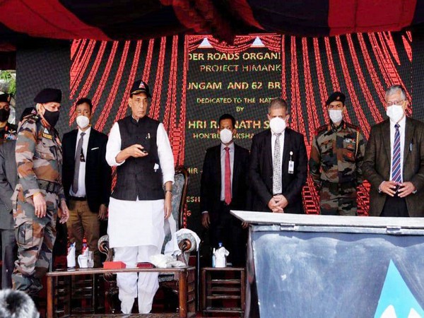Rajnath Singh virtually inaugurating 63 bridges in six states and two UTs, in Leh, Ladakh on Monday. 