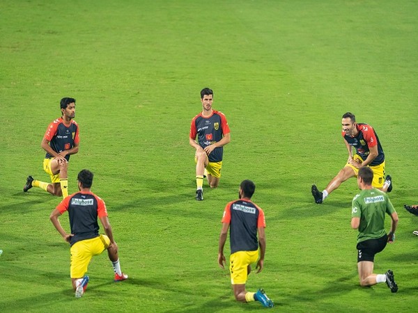HFC players warm up during the training session ahead of the match against ATKMB (Image: ISL)