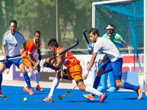 Indian player Shilanand Lakra taking shot on goal against Argentina. (Photo/ Hockey India) 