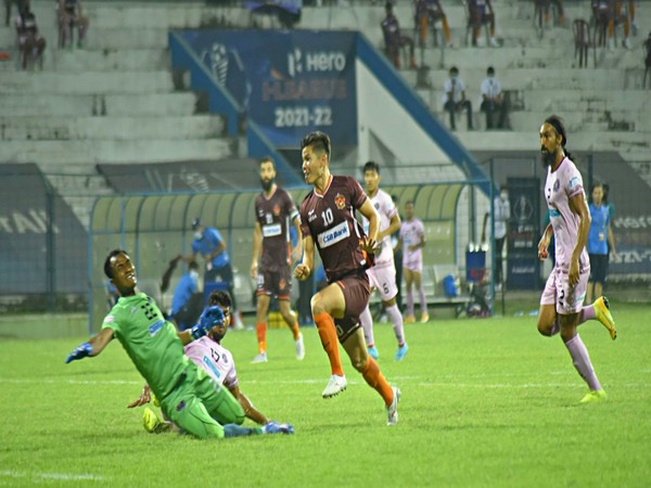 Ronald Singh celebrates after scoring a goal for Gokulam Kerala against Rajasthan United in I-League match (Image: AIFF)