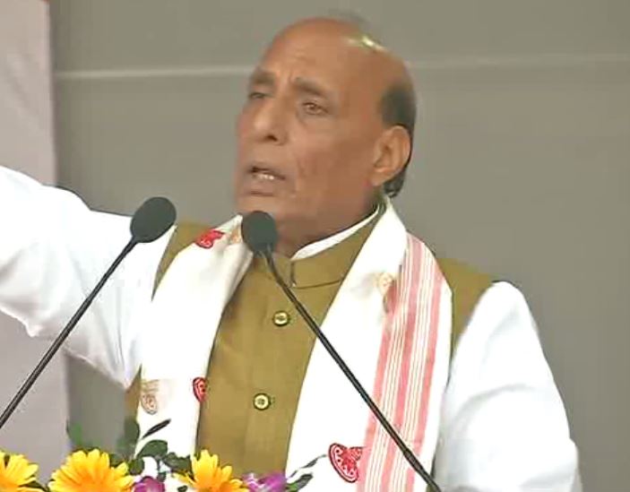 Home Ministry Rajnath Singh addressing a public meeting in Dhubri, Assam on Tuesday.  (Photo/ANI)