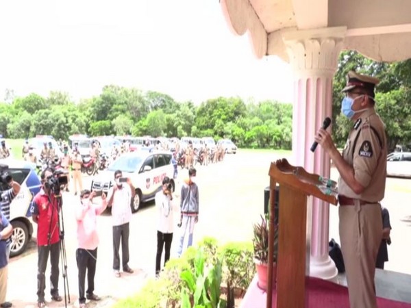 Anjani Kumar, Commissioner of Police, Hyderabad while attending Vehicle Sanitisation Program in Hyderabad on Wednesday. (Photo/ANI)