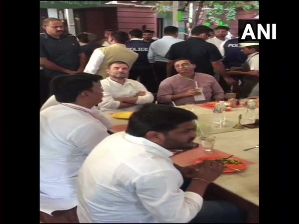Congress leaders Rahul Gandhi, Hardik Patel and other state party leaders having lunch at a restaurant in Ahmedabad on Friday.