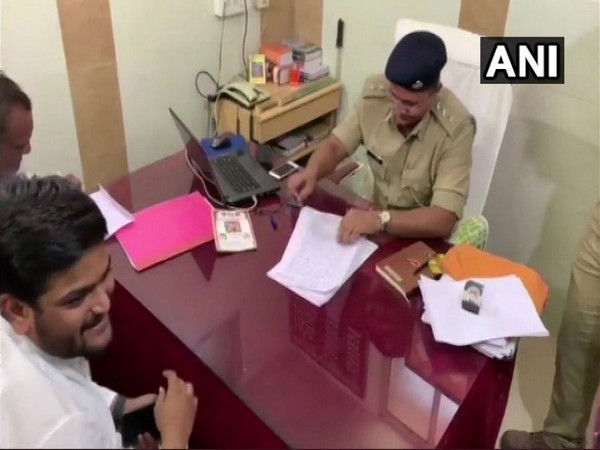 Congress leader Hardik Patel filing police complaint at Surendranagar in Gujarat on Friday. Photo/ANI