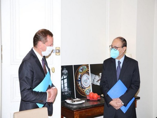Foreign Secretary Harsh Vardhan Shringla met Emmanuel Bonne, Diplomatic Advisor to French President Emmanuel Macron on Thursday. (Photo Credit: Indian Embassy in France)