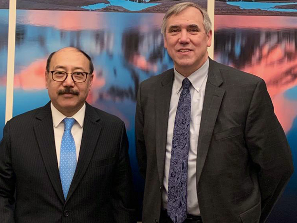 Indian envoy Harsh Vardhan Shringla with American Senator Jeff Merkley on Wednesday (Picture Credits: Harsh V Shringla/Twitter)
