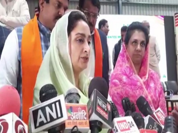 Union Minister Harsimrat Kaur Badal speaking to reporters in Dewas on Thursday. Photo/ANI