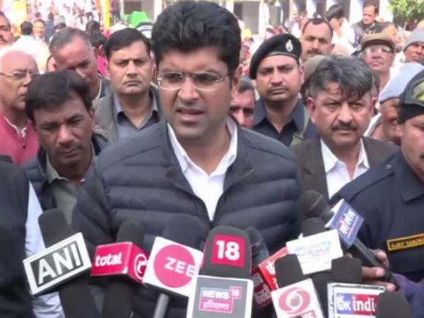 Deputy Chief Minister of Haryana Dushyant Chautala and Jannayak Janata Party (JJP) leader speaking to reporters on Saturday. Photo/ANI