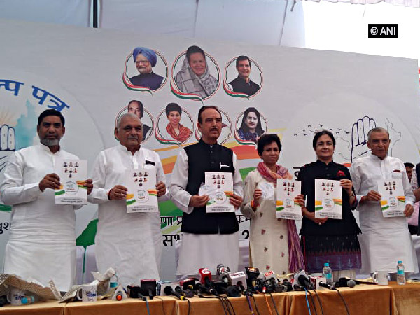 Congress leaders releasing party manifesto for Haryana assembly elections in Chandigarh on Friday.