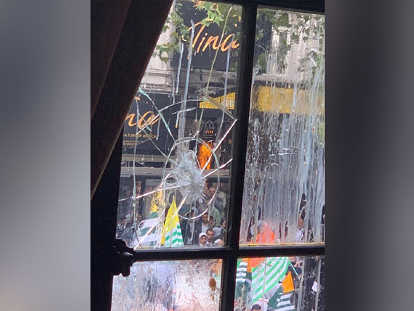 One of the shattered window panes of the Indian High Commission in London after Tuesday’s incident. (File photo)