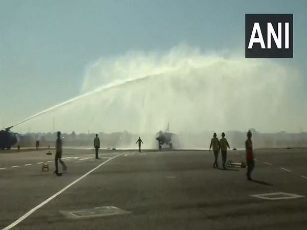 Indian Air Force's MiG-27 which retired today receives water salute at Air Force Station Jodhpur.
