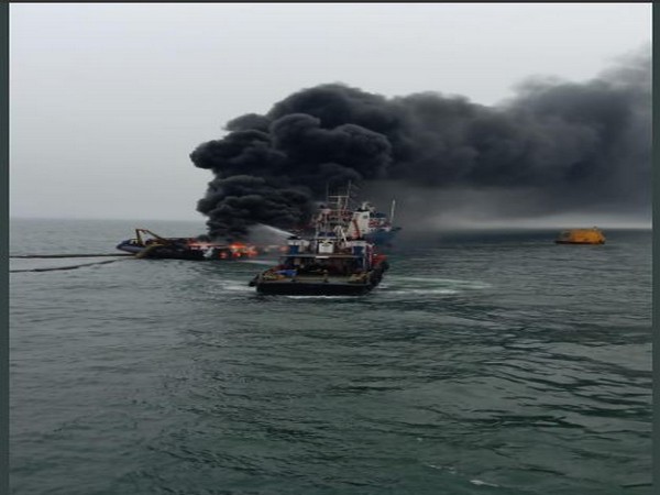 The offshore vessel Coastal Jaguar caught fire at 11.30 am on Monday. Photo/ANI