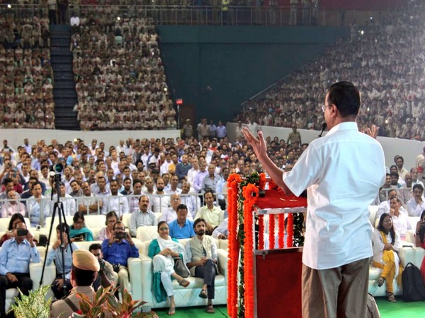 Delhi Chief Minister Arvind Kejriwal addressing newly appointed bus marshals in New Delhi on Monday. Photo/ANI