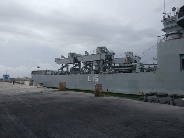 INS Shardul in Porbandar, Gujarat, on Thursday. Photo/ANI