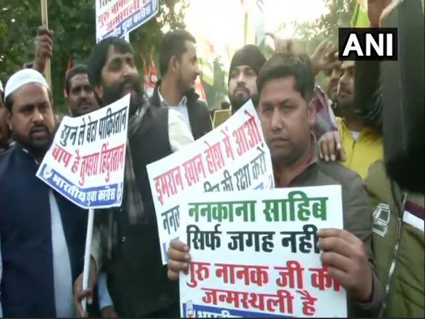 Indian Youth Congress members protesting against Pakistan on the Nankana Sahib attack in New Delhi on Saturday. Photo/ANI