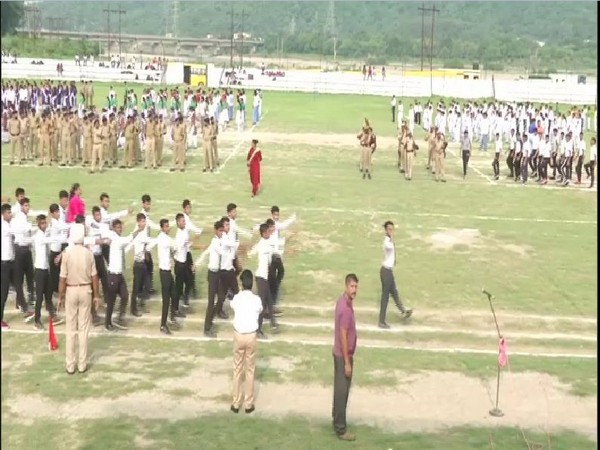Students parade at the Rani Suchet Singh Stadium on Sunday in preparation for Independence Day. Photo/ANI