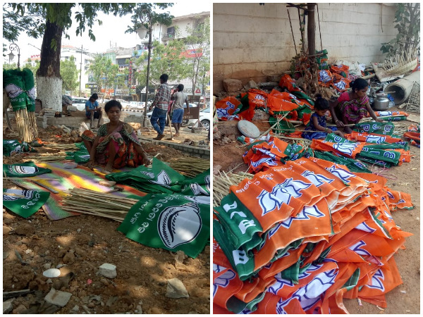 People making flags to be used in poll campaigning in Odisha