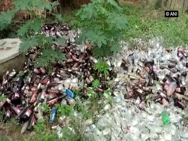 Empty bottles recovered from illegal liquor brewery at Balai village in Bahraich. Photo/ANI