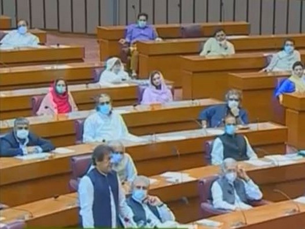 Pakistan prime minister Imran Khan addressing the National Assembly today (File pic)