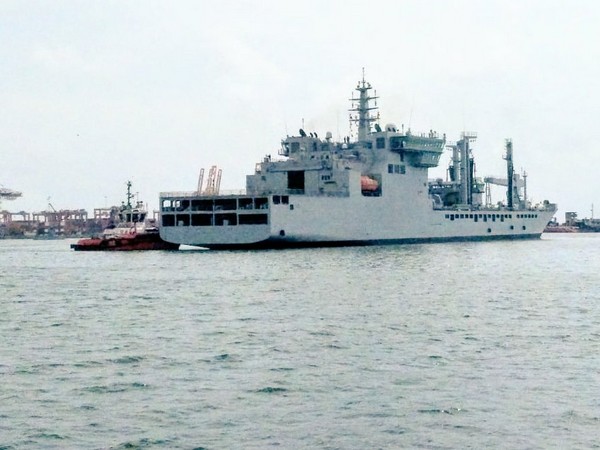 Indian Naval Vessel Shakti on Sunday reached Colombo with 100 tons of Oxygen from Visakhapatnam. (ANI)