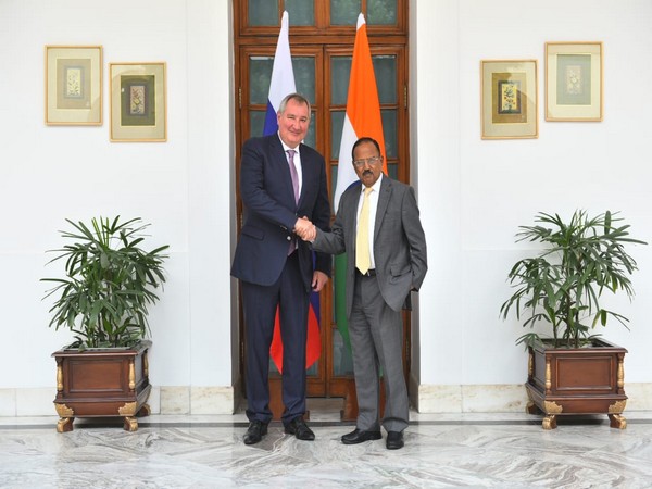 Director General of Russia’s ROSCOSMOS Dmitry Rogozin with NSA Ajit Doval on Thursday. 