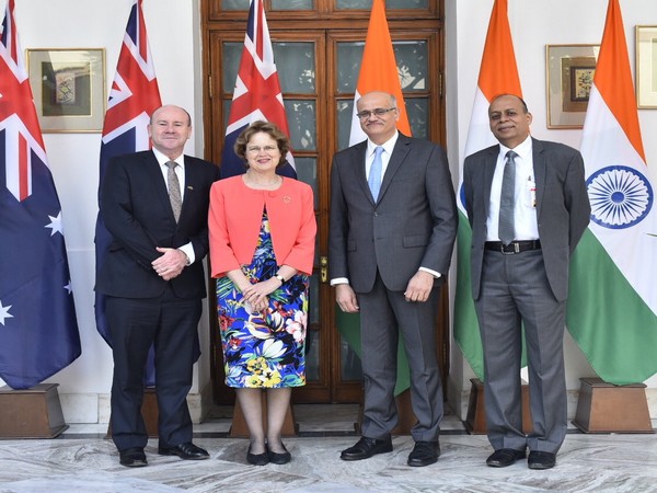 Indian and Australian top officials pose for a photograph during the third India-Australia Foreign and Defence Secretaries' Dialogue in New Delhi on Monday.