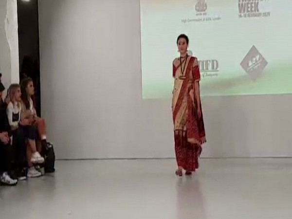 Model walking the ramp wearing traditional Indian saree at the London Fashion Week (Photo/ANI)