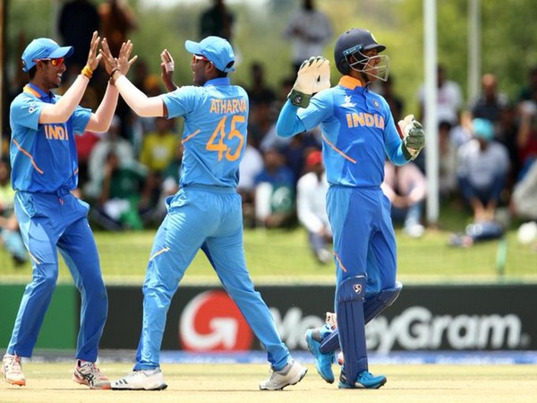 Indian players celebrating after taking a wicket. (Photo/Cricket World Cup Twitter)