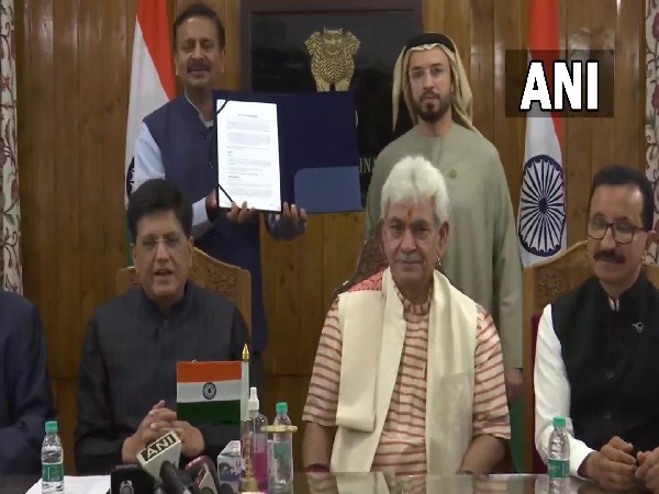 Lieutenant Governor Manoj Sinha with Union Minister Piyush Goyal at Raj Bhavan on Monday.