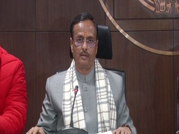 Deputy Chief Minister Dinesh Sharma addressing a press conference in Lucknow on Monday. Photo/ANI