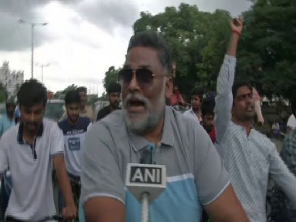 JAP president Pappu Yadav during the cycle march in Patna on Saturday. Photo/ANI  