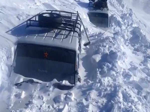 Two passenger vehicles trapped in the snow at J-K's Razdan top (Photo ANI)