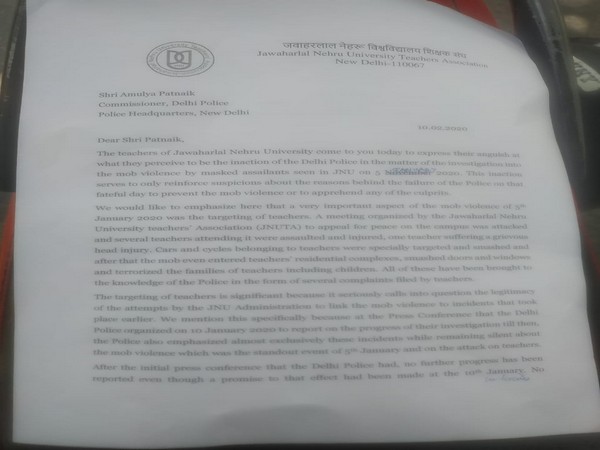 A screen grab of the letter submitted by JNUTA to Delhi Police Commissioner on Monday. Photo/ANI