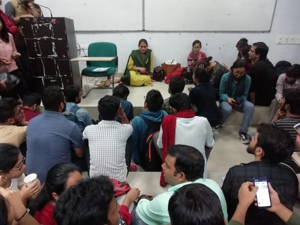 An image shared by the JNU VC showing students and Associate Dean Dr Vandana Mishra on Friday. (Photo credit: Twitter)