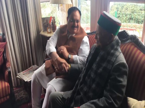 BJP President JP Nadda meets Former Himachal Pradesh CM Virbhadra Singh in Shimla on Friday. Photo/ANI