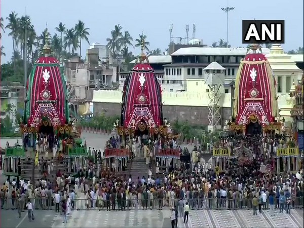 A visual of Lord Jagannath's Rath Yatra being held in Puri, Odisha. (Photo/ANI)