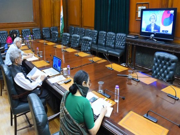 External Affairs Minister S Jaishankar during a virtual meeting with South Korean FM Kang Kyung-wha on Tuesday. 