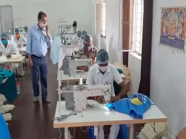 Jail inmates stitching PPEs. Photo/ANI